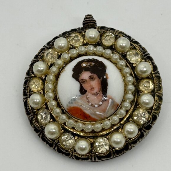 Limoges Jewelry - Vintage Limoges Porcelain Cameo Brooch Faux Pearls Rhinestones Hand Painted READ